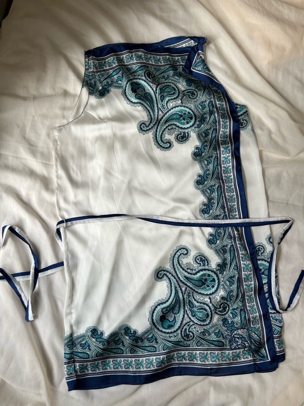 Max Studio XL Paisley Print Vintage Blue & White mini dress & drapery belted Y2K